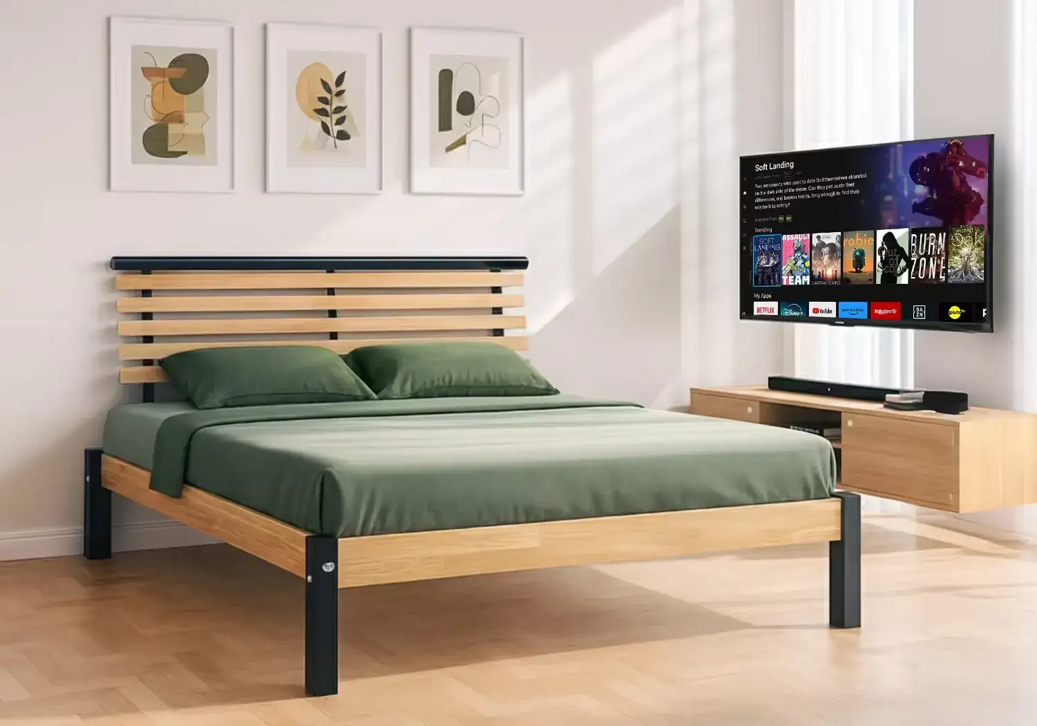 Rubberwood Double Bed, Mattress 4" & Smart TV 40" Combo